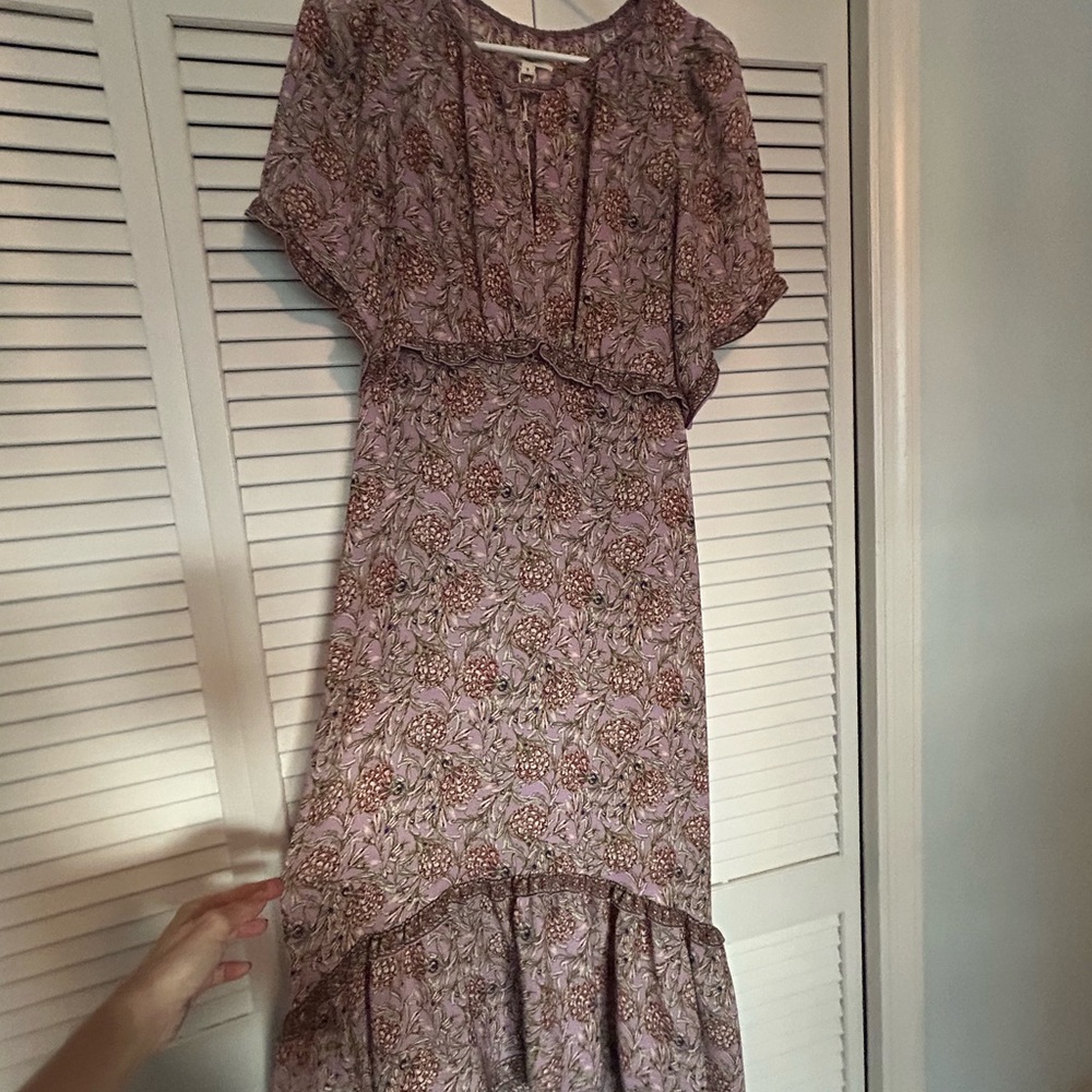 Max Studio Asymmetrical Floral Dress in Purple and Brown